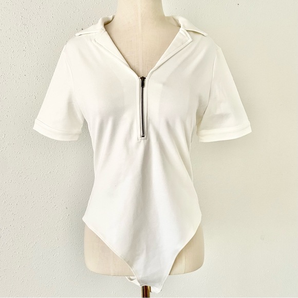 AND NOW THIS Size Medium White Collared Short Sleeve Ponte Knit Bodysuit Top Jrs - Picture 3 of 9